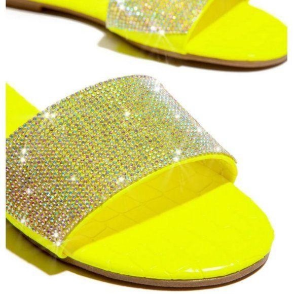 !! NEW !! Embellished Slides in Neon Yellow - Picture 2 of 4